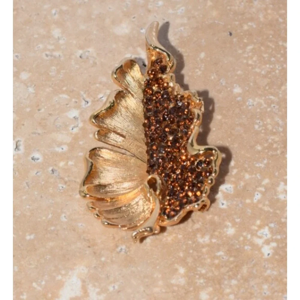 Swarovski Crystal BSK Brushed and Shiny Gold Plated Leaf Statement Brooch